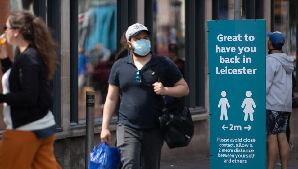 Social distancing advice on sign in Leicester, as the city�s spike in coronavirus cases has sparked a report that it may be the first UK location to be subjected to a district lockdown.