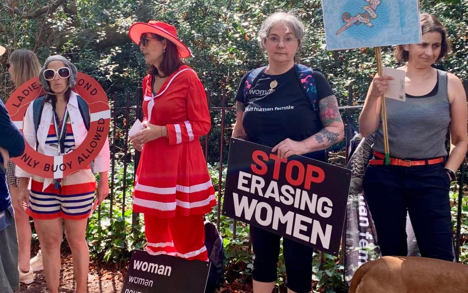 Protesters seeking a female only policy at the pond