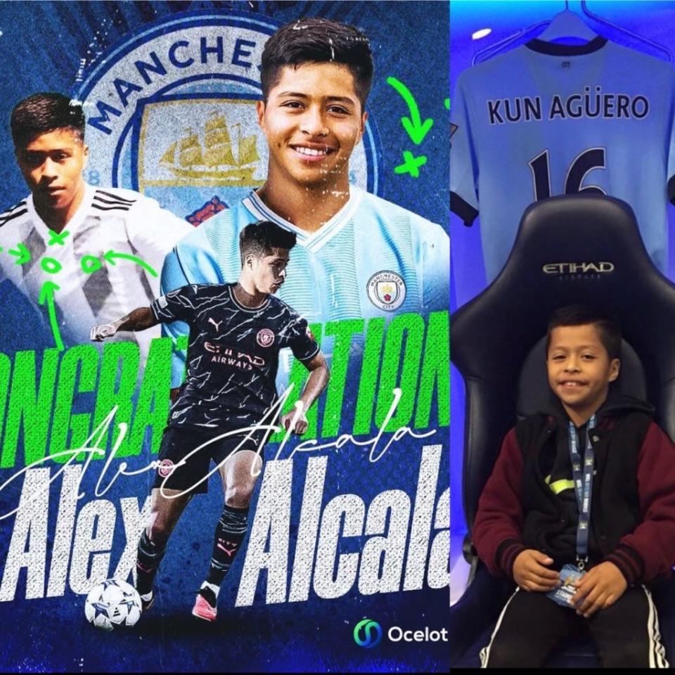 (Left) Different images of Alex Alcala playing for the Stockton TLJ Rebels soccer club, LA Galaxy, and then posing in his Manchester City jersey. (Right) Alcala at nine years old posing in the Manchester City locker room.