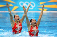 Xuechen Huang and Ou Liu of China compete in the Women's Duets Synchronised Swimming Technical Routine on Day 9 of the London 2012 Olympic Games at the Aquatics Centre on August 5, 2012 in London, England. (Photo by Clive Rose/Getty Images)