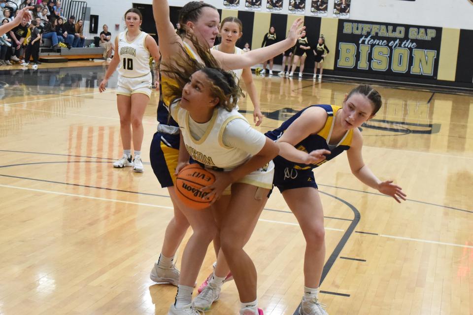 Buffalo Gap's Hannah Coffman works to get a shot off Wednesday, Feb. 21 against Rappahannock County in the Region 1B semifinals.