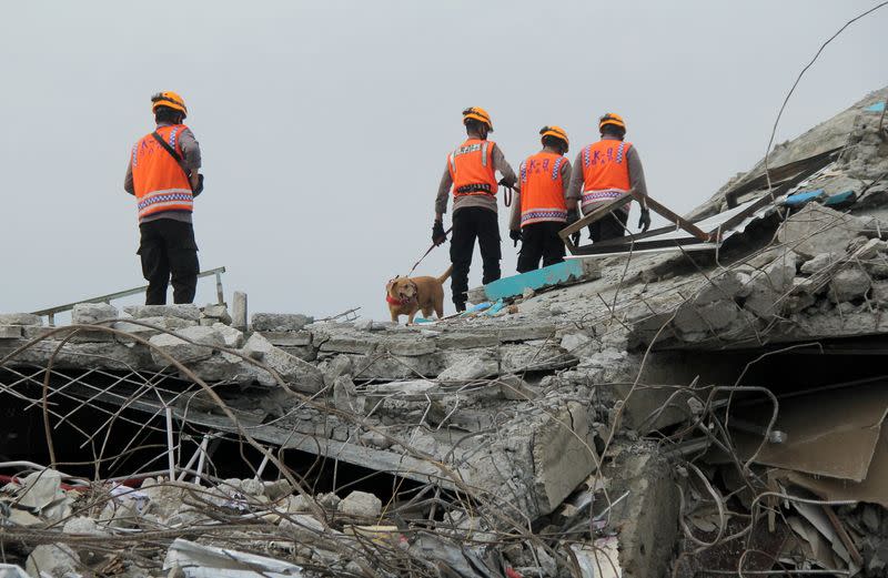 Police with sniffer dog inspect collapsed hospital building following earthquake in Mamuju