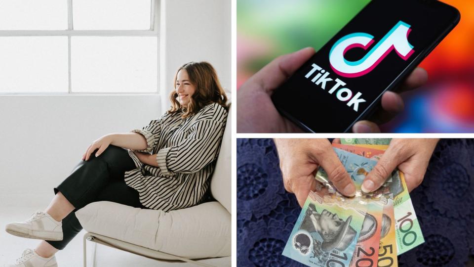 Compilation image of Emma sitting on the soft, social media TikTok symbol on a phone and hands holding money