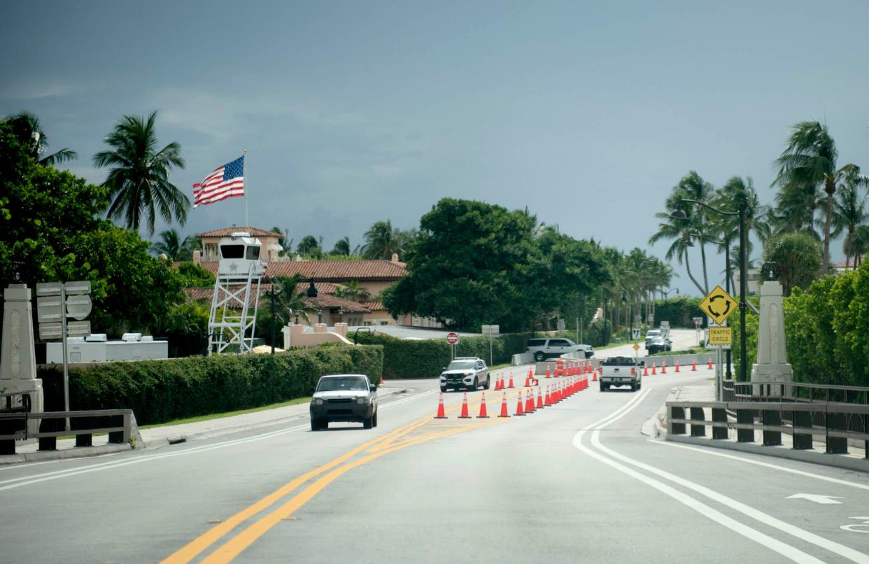 A new traffic pattern is in effect at the Southern Boulevard traffic circle with South County Road in Palm Beach, as part of increased security measures at former President Donald Trump's Mar-a-Lago Club on July 22, 2024.