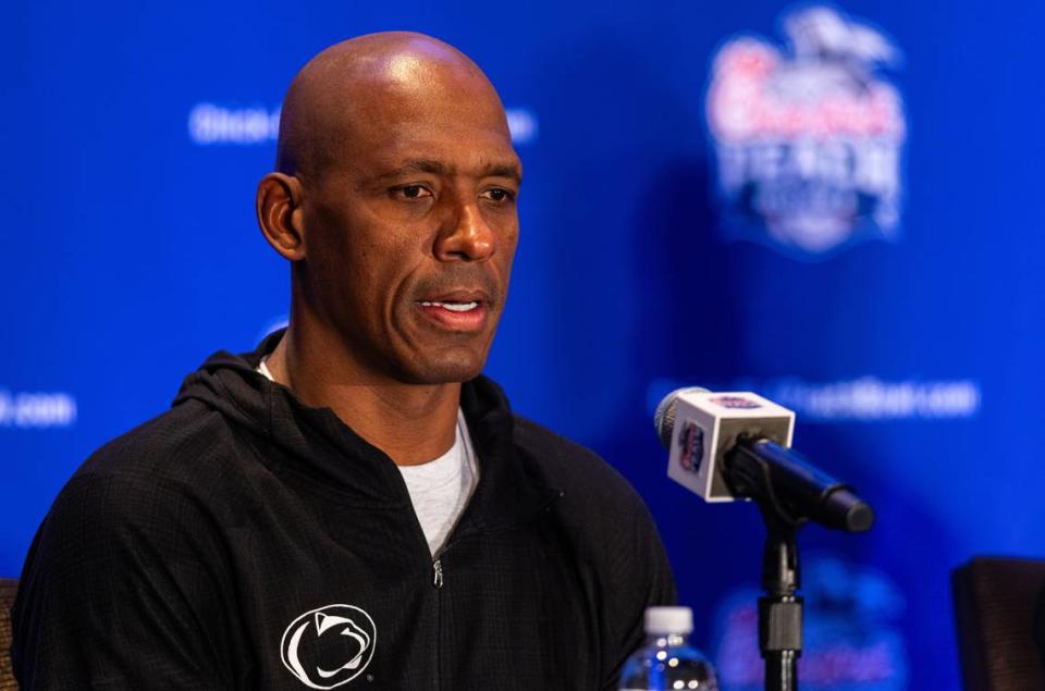 Penn State co-defensive coordinator/safeties coach Anthony Poindexter talks to the media Thursday during a press conference before the 2023 Chick-fil-A Peach Bowl. The Nittany Lions will take on Ole Miss on Saturday in the bowl game.