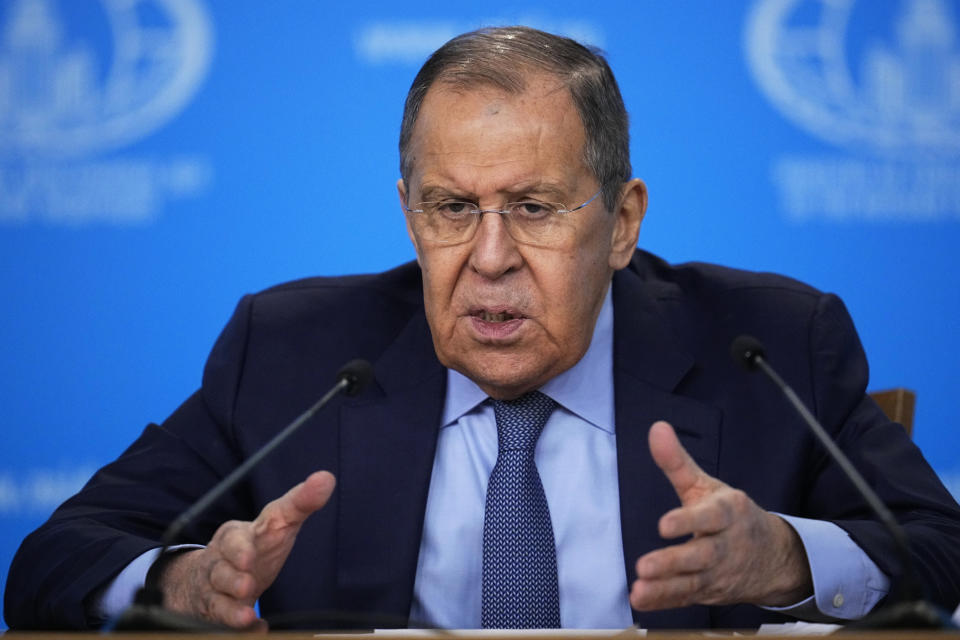 Russian Foreign Minister Sergey Lavrov speaks during his annual news conference in Moscow, Russia, Thursday, Jan. 18, 2024. (AP Photo/Alexander Zemlianichenko)