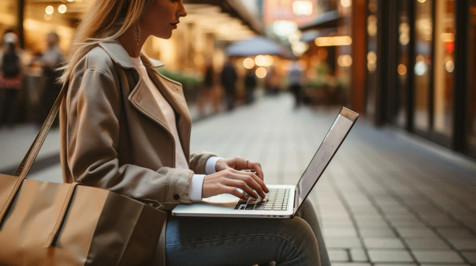 A woman holding a laptop, wearing a graphic t-shirt, casually checking her e-commerce order.