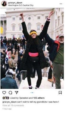 Gracyn Courtright posted this photo of herself on her Instagram account just outside the U.S. Capitol during the riot on Jan. 6, the FBI says in an affidavit. Later photos identify Courtright inside the Capitol, agents said.