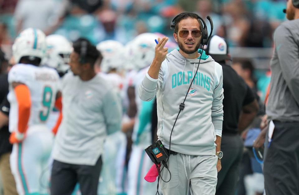 Miami Dolphins head coach Mike McDaniel walks along the sideline during the game against the Minnesota Vikings at Hard Rock Stadium in Miami Gardens, Oct. 16, 2022. 