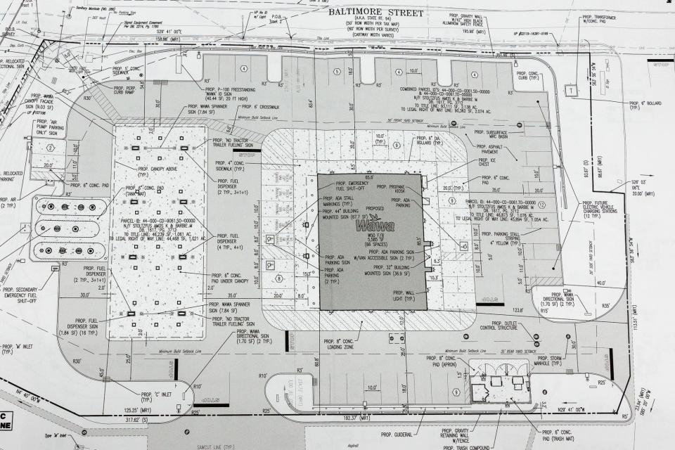 Final plans for a Wawa at 1007 Baltimore Street are seen during a Board of Commissioners meeting, Monday, Feb. 19, 2024, in Penn Township.