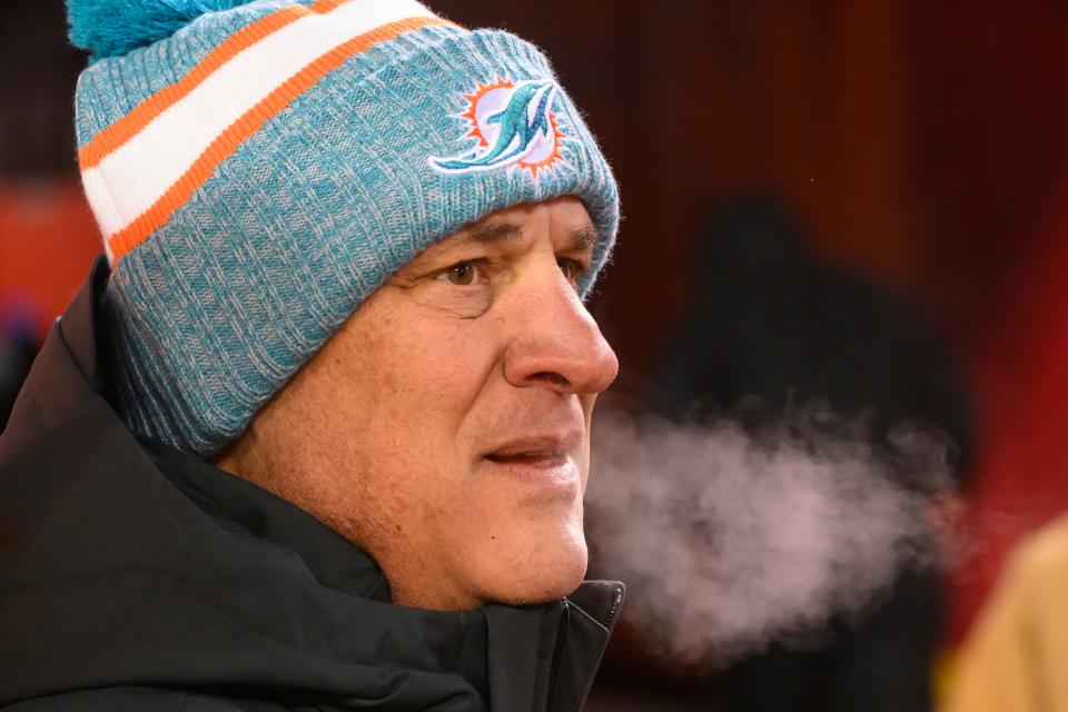 Miami Dolphins defensive coordinator Vic Fangio looks on during warmups before an NFL wild-card playoff football game against the Kansas City Chiefs, Saturday, Jan. 13, 2024 in Kansas City, Mo. (AP Photo/Reed Hoffmann)