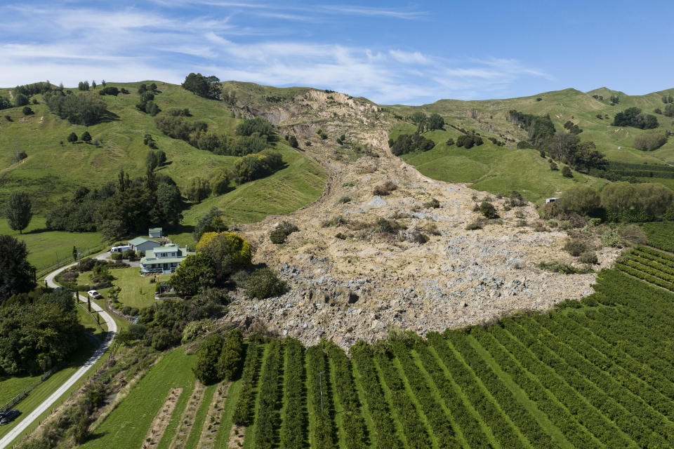 A large slip in the Taurau Valley near Gisborne from Cyclone Gabrielle, Saturday, Feb. 18, 2023. Cyclone Gabrielle struck the country's north on Feb. 13 and the level of damage has been compared to Cyclone Bola in 1988. That storm was the most destructive on record to hit the nation of 5 million people. (George Heard/NZ Herald via AP)