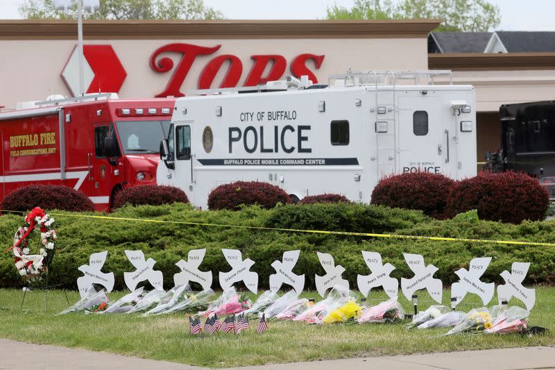 A memorial is seen in the wake of a weekend shooting at a Tops supermarket in Buffalo, New York