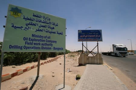 A sign of Ministry of Oil is pictured at the entry of Zubair oilfield after a rocket struck the site of residential and operations headquarters of several oil companies at Burjesia area in Basra