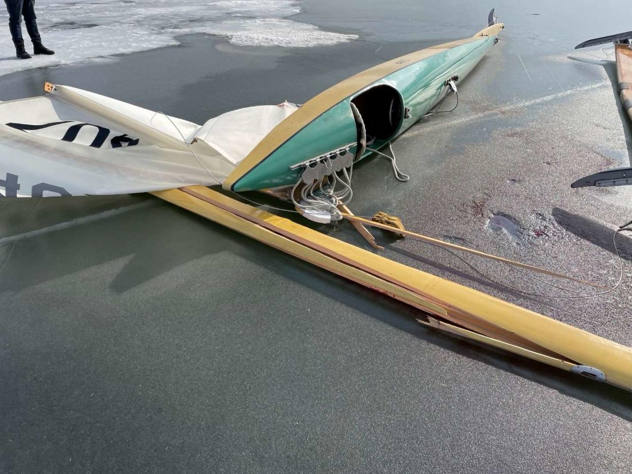 A 27-foot iceboat crashed on frozen Pontiac Lake late Sunday morning, killing the 81-year-old Independence Township man aboard