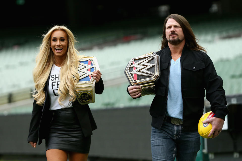 <p><span>Carmella: Carmella is most known for her past experience as a Patriots cheerleader and time as a Laker Girl. Before those high profile gigs, she worked at a video rental store.</span><br><span>A.J. Styles: Water is a must at any gym and A.J. Styles made sure to keep his local training center in constant supply.</span> </p>