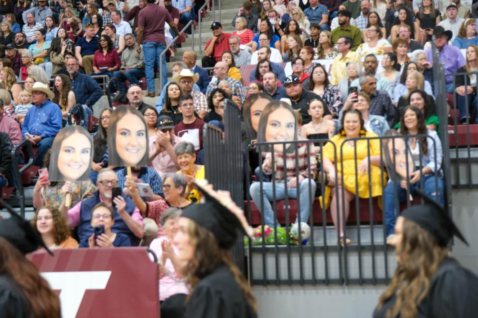 A family cheering section cheers on their graduate Saturday at the WT Commencement Ceremony in Canyon.