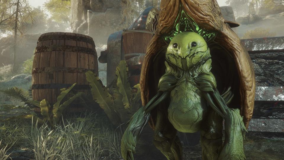 An insectoid quest giver clad in a brown shell with green exoskeleton