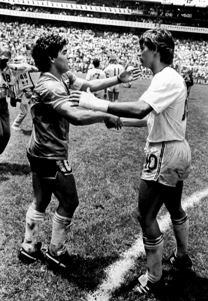 Argentina’s Diego Maradona (left) is greeted by England’s Gary Lineker following their 1986 World Cup quarter final. Lineker  says Diego Maradona (left) was ‘great company: funny, smart – you can’t be a great footballer without being smart’