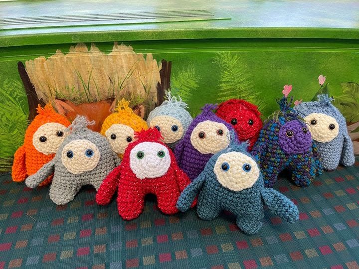 Lois Toensing crocketed these little characters for the Woodville Library to share with its young readers.
