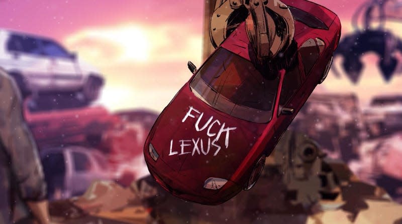 A car hanging from a claw with "FUCK LEXUS" scratched into its bonnet.