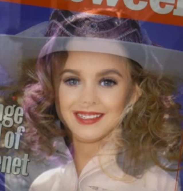 The video overlays a magazine cover of JonBenét's face onto a photo of Katy Perry in one of a series of pictures that 'prove' the theory. Photo: YouTube
