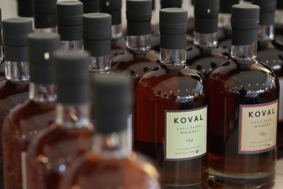 Bottles of Koval Whiskey sit on display at the distillery's tasting room Wednesday, Feb. 8, 2023, in Chicago. Spirits have surpassed beer for U.S. market share supremacy, led by a resurgent cocktail culture including the popularity of ready-to-drink concoctions according to the Distilled Spirits Council of the United States. (AP Photo/Charles Rex Arbogast)