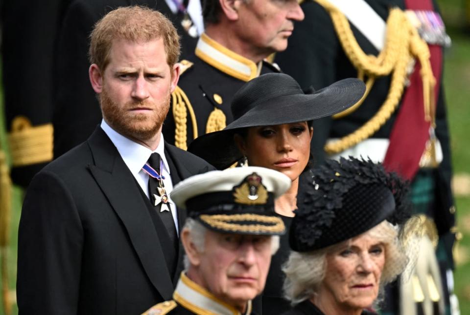 <div class="inline-image__title">BRITAIN-ROYALS/QUEEN</div> <div class="inline-image__caption"><p>Britain's Meghan, Duchess of Sussex, Prince Harry, Duke of Sussex, Queen Camilla and King Charles attend the state funeral and burial of Britain's Queen Elizabeth, in London, Britain, September 19, 2022.</p></div> <div class="inline-image__credit">REUTERS/Toby Melville</div>