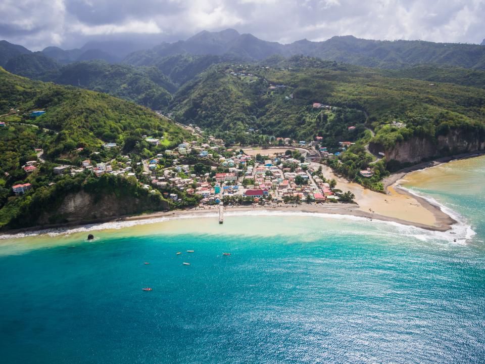 Aerial photo of the village Canaries on the Caribbean island St. Lucia.