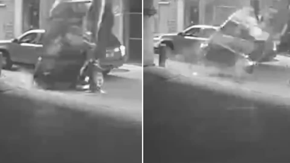 Police in Texas have released surveillance video showing a car plunging seven stories from a downtown parking garage and striking another vehicle as it lands in an alley. Photo: LiveLeak