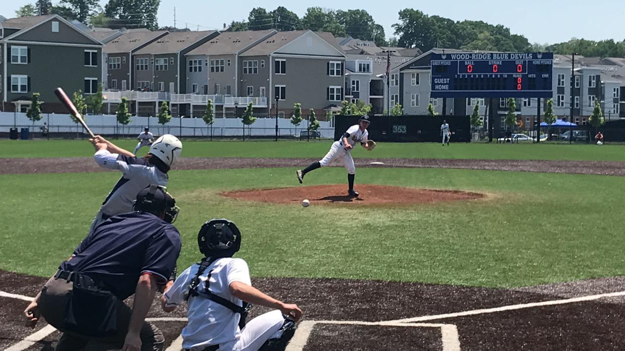 Rhys Bowie of Dwight-Englewood makes contact against Old Tappan pitcher Alex Kranzler in the Bergen County baseball tournament quarterfinals at Wood-Ridge Athletic Complex on Saturday, May 21, 2022. Old Tappan won, 6-2.