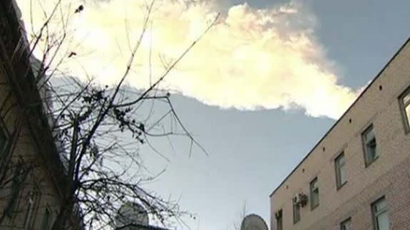 This video still image shows the smoke trail created by the meteor that exploded over the Chelyabinsk region of Russia on Feb. 15, 2013.