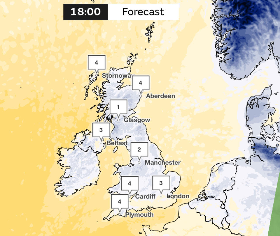 Temperature forecast for 6pm Thursday. (Met Office)