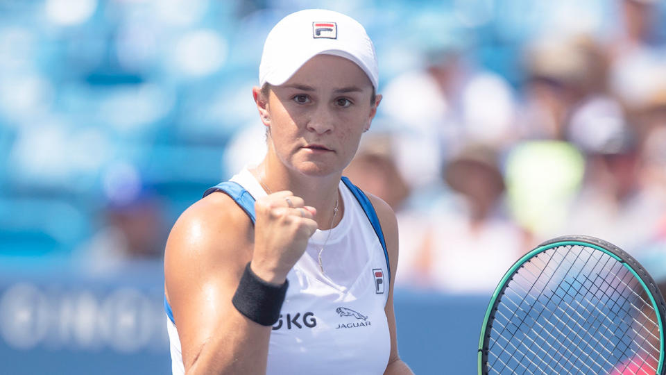 Pictured here, Ash Barty pumps a fist at the Cincinnati Masters.