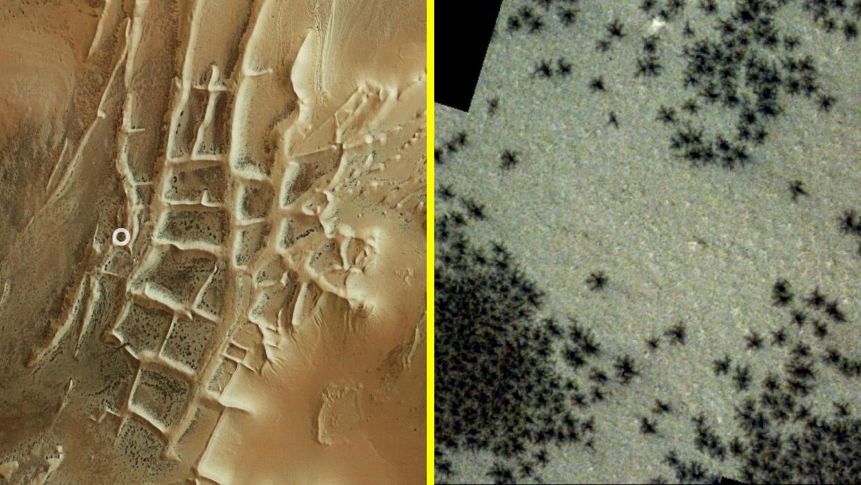  Mars' Inca City formation (left) is overrun with mounds of black 'spiders' (right), a regular springtime phenomenon on the Red Planet. 