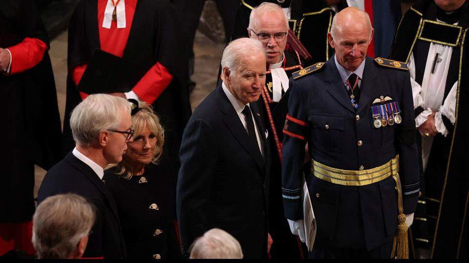 U.S. President Joe Biden and first lady Jill Biden arrive ahead of the State Funeral of Queen Elizabeth II at Westminster Abbey on September 19, 2022, in London.