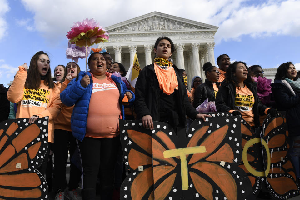People protest outside the Supreme Court in Washington, Friday, Nov. 8, 2019. The Supreme Court on Tuesday takes up the Trump administration’s plan to end legal protections that shield nearly 700,000 immigrants from deportation, in a case with strong political overtones amid the 2020 presidential election campaign. (AP Photo/Susan Walsh)