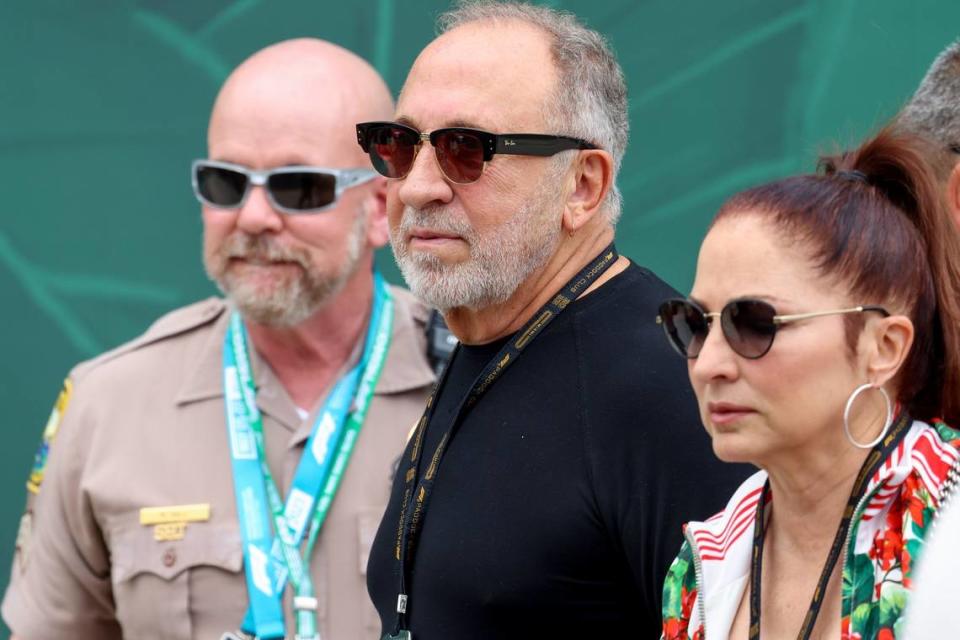 Emilio and Gloria Estefan arrive at the track before the start of the Formula One Miami Grand Prix at the Miami International Autodrome on Sunday, May 7, 2023, in Miami Gardens, Fla.