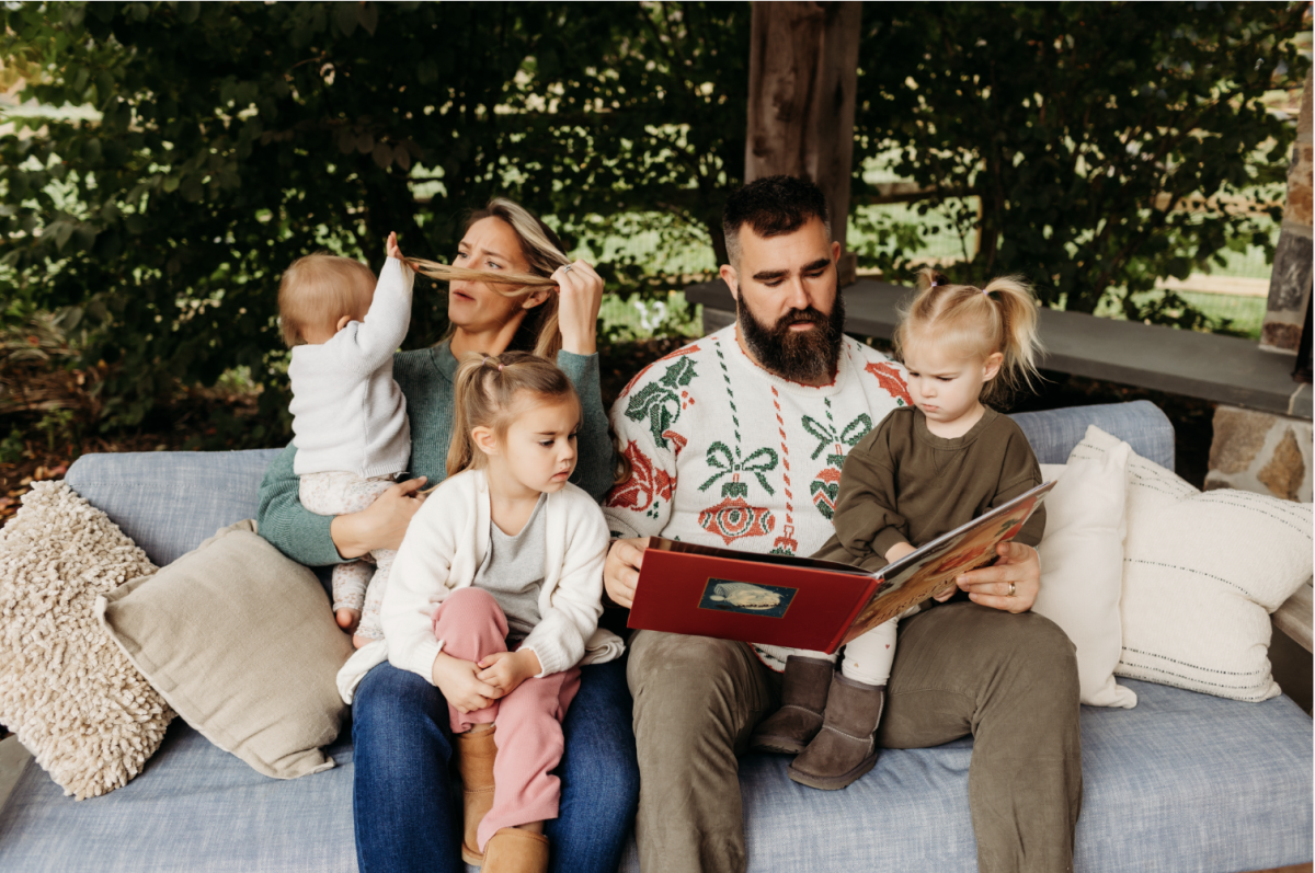 Photoshoot fumbles that parents know all too well were captured as Jason Kelce read ‘The Night Before Christmas’ during the family’s 2023 Minted holiday family photo session.<br><p>Courtesy of Minted. Photographer: Stephanie Beatty</p>