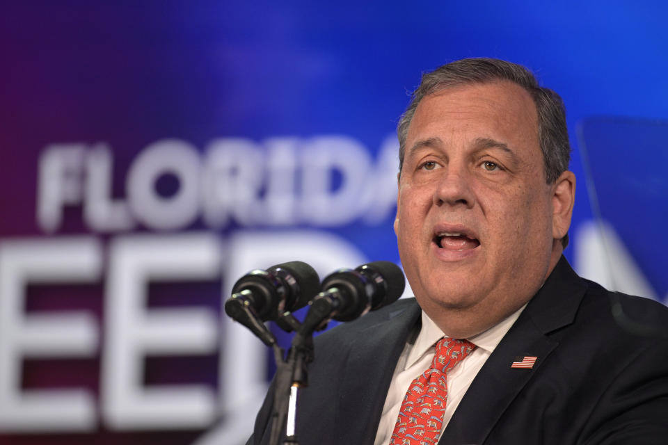 Republican presidential candidate former New Jersey Gov. Chris Christie addresses attendees at the Republican Party of Florida Freedom Summit, Saturday, Nov. 4, 2023, in Kissimmee, Fla. (AP Photo/Phelan M. Ebenhack)