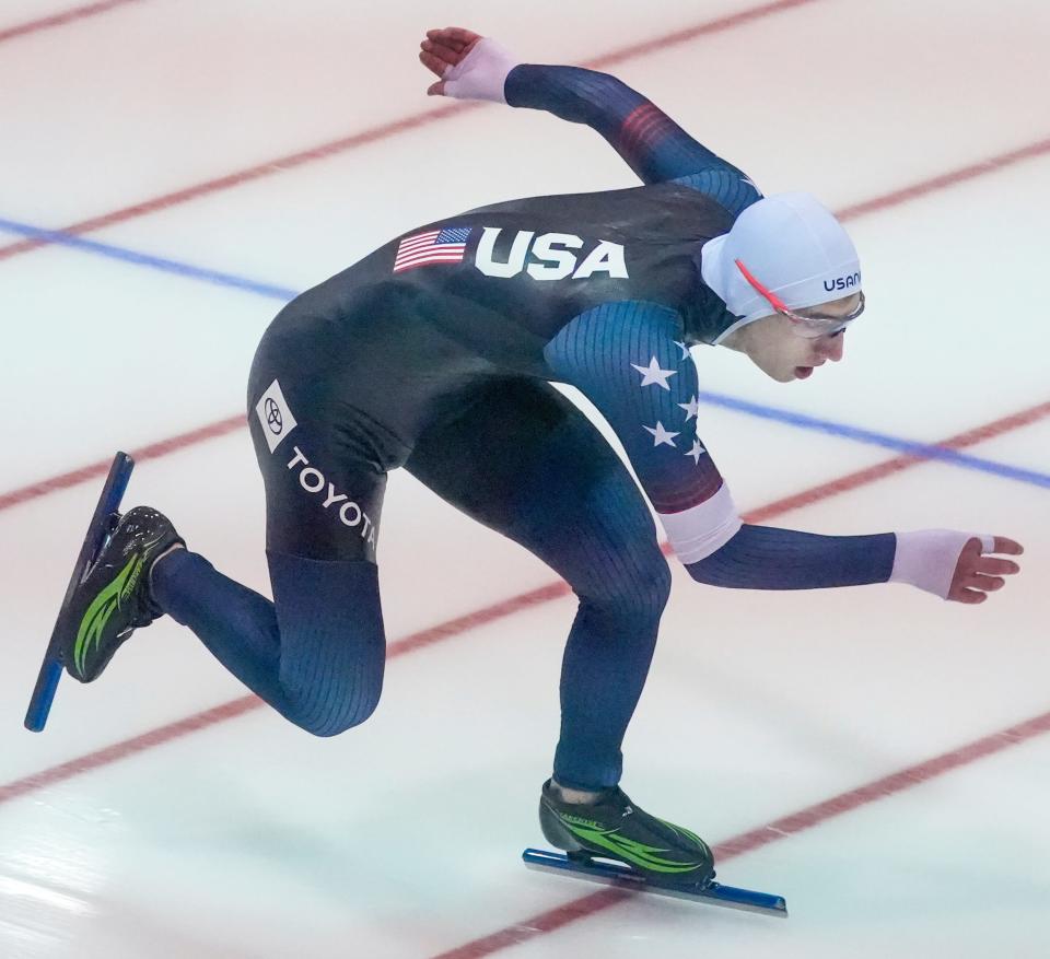 Jordan Stolz competes during the 500M at the Long Track Speedskating U.S. Championships on Thursday at Pettit National Ice Center.