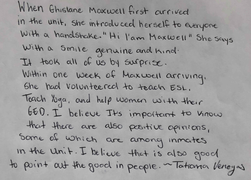 Letter submitted by a cellmate of Ghislaine Maxwell ahead of her sentencing on Tuesday (Supplied)