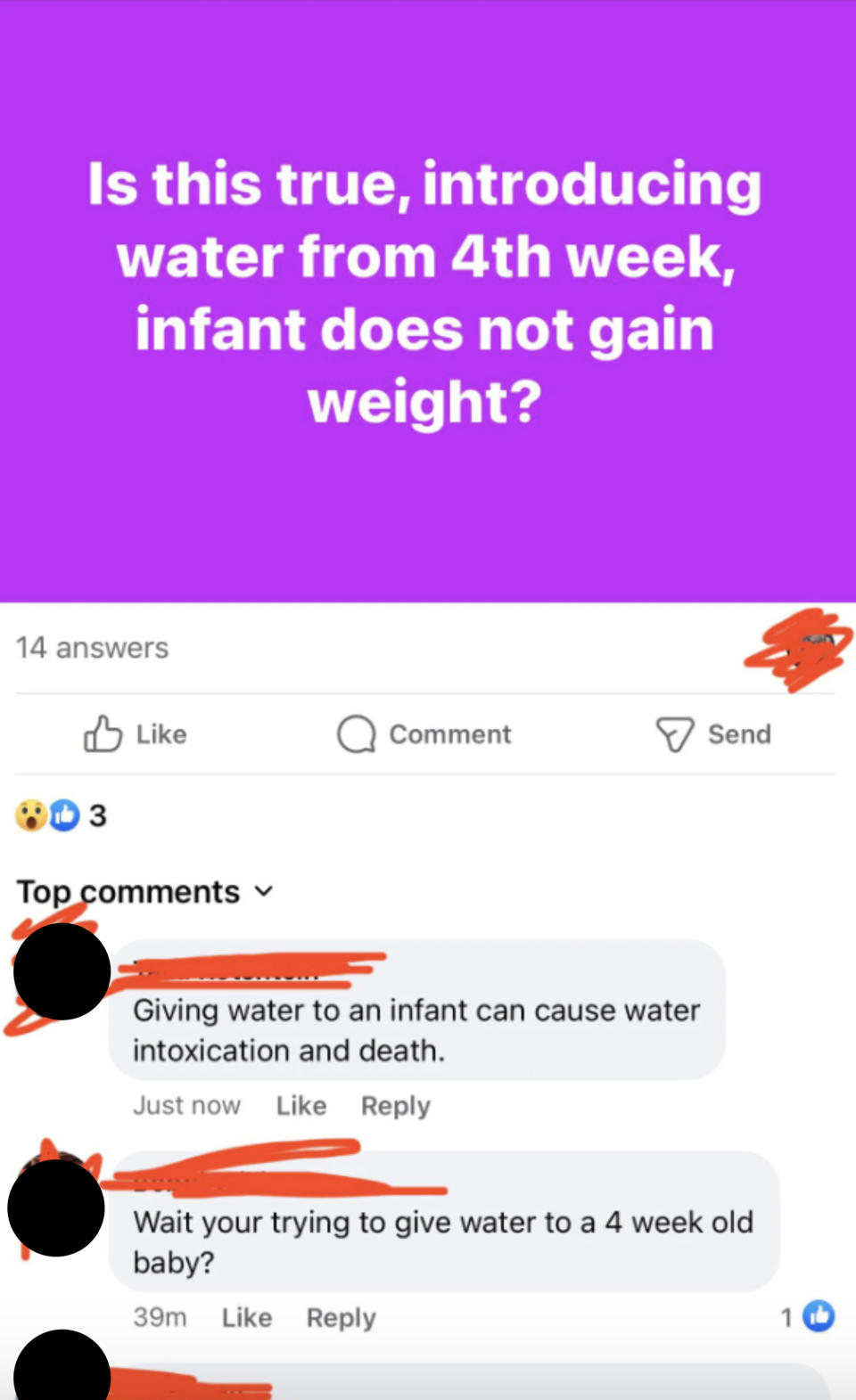 Screenshot of a Facebook post questioning if giving water to 4-week-old infants prevents weight gain. Comments warn against it, mentioning risks like water intoxication