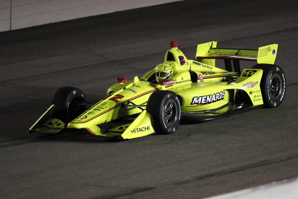 Simon Pagenaud races his car during the IndyCar Series auto race Saturday, July 20, 2019, at Iowa Speedway in Newton, Iowa. (AP Photo/Charlie Neibergall)