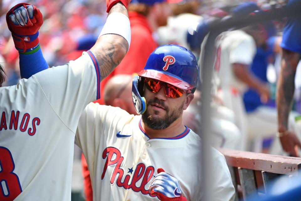 Philadelphia Phillies designated hitter Kyle Schwarber celebrates his home run against the Cleveland Guardians during the first inning on Sunday, July 28, 2024, at Citizens Bank Park in Philadelphia.