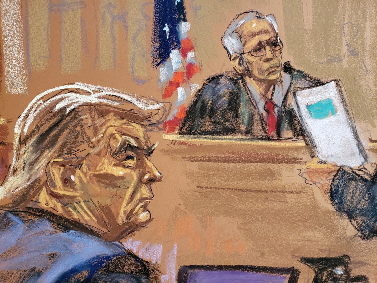 A courtroom sketch depicts Donald Trump in front of New York Justice Arthur Engoron during his civil fraud trial on 2 October, 2023. (REUTERS)