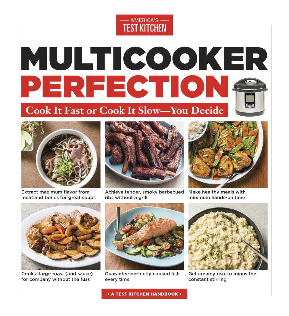 This image provided by America's Test Kitchen in September 2018 shows the cover for the cookbook “Multicooker Perfection” It includes a recipe for easy beef chili. (America's Test Kitchen via AP)