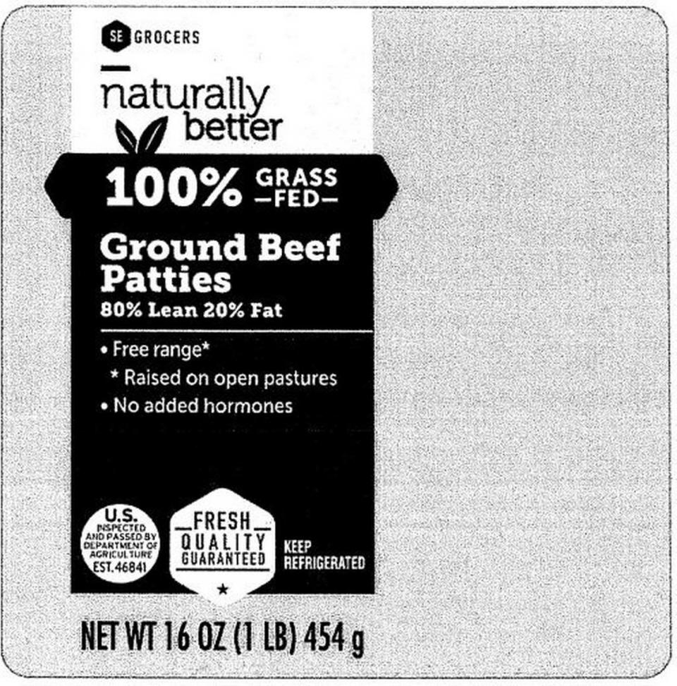 Etiqueta de SE Grocers Naturally Better 100% Grass Fed Ground Beef Patties