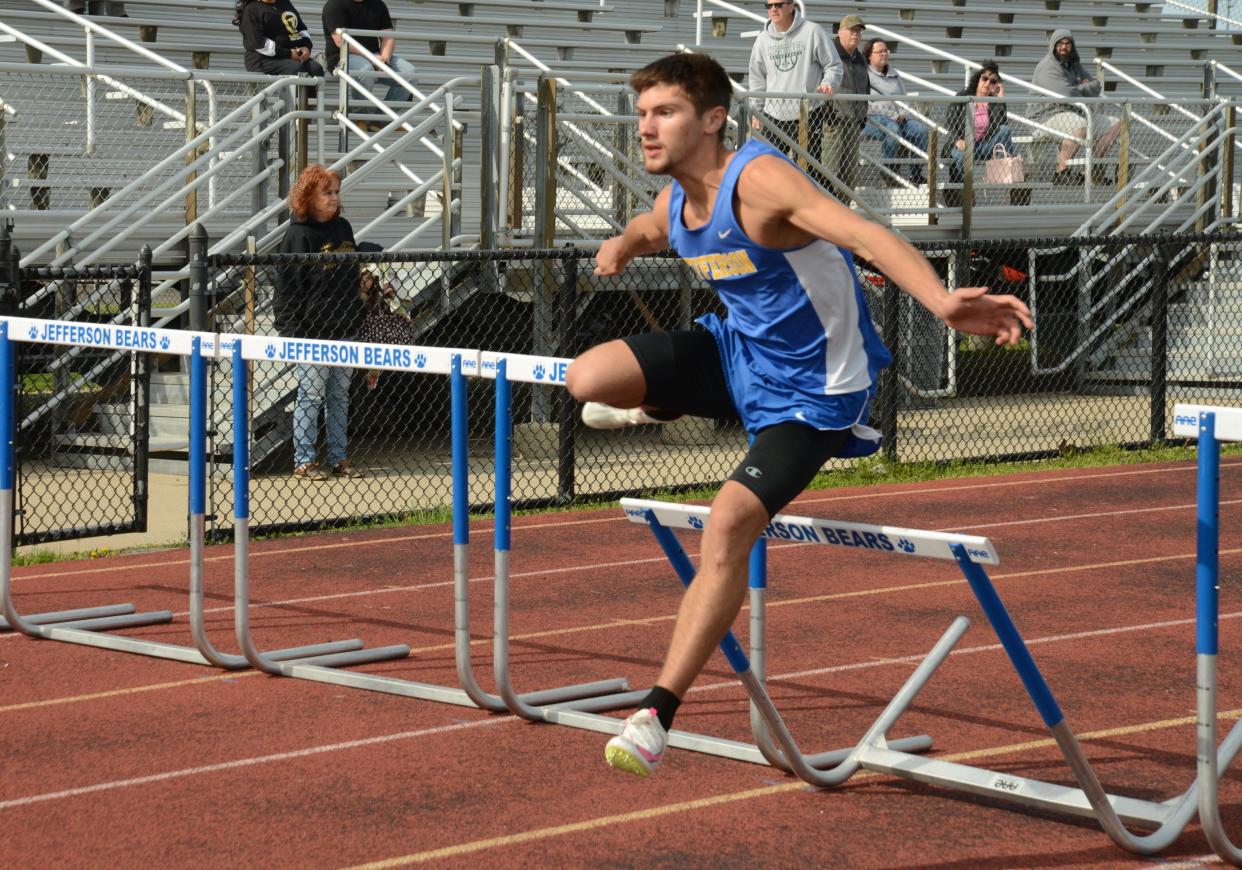 Jefferson’s Michael Armetta took first in the high hurdles Tuesday against St. Mary Catholic Central.
