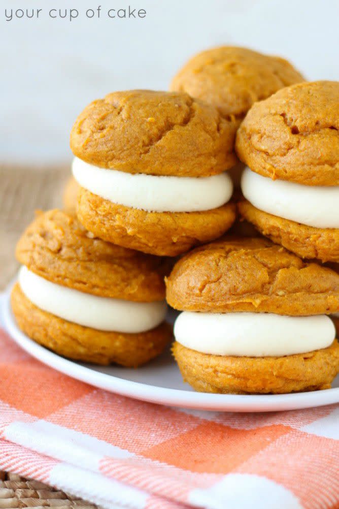 <p>Sandwich fluffy cheesecake between soft pumpkin cookies for one scrumptious dessert.</p><p><strong>Get the recipe at <a href="http://www.yourcupofcake.com/2014/09/5-ingredient-pumpkin-cheesecake-whoopie-pies.html" rel="nofollow noopener" target="_blank" data-ylk="slk:Your Cup of Cake;elm:context_link;itc:0;sec:content-canvas" class="link ">Your Cup of Cake</a>.</strong> </p>